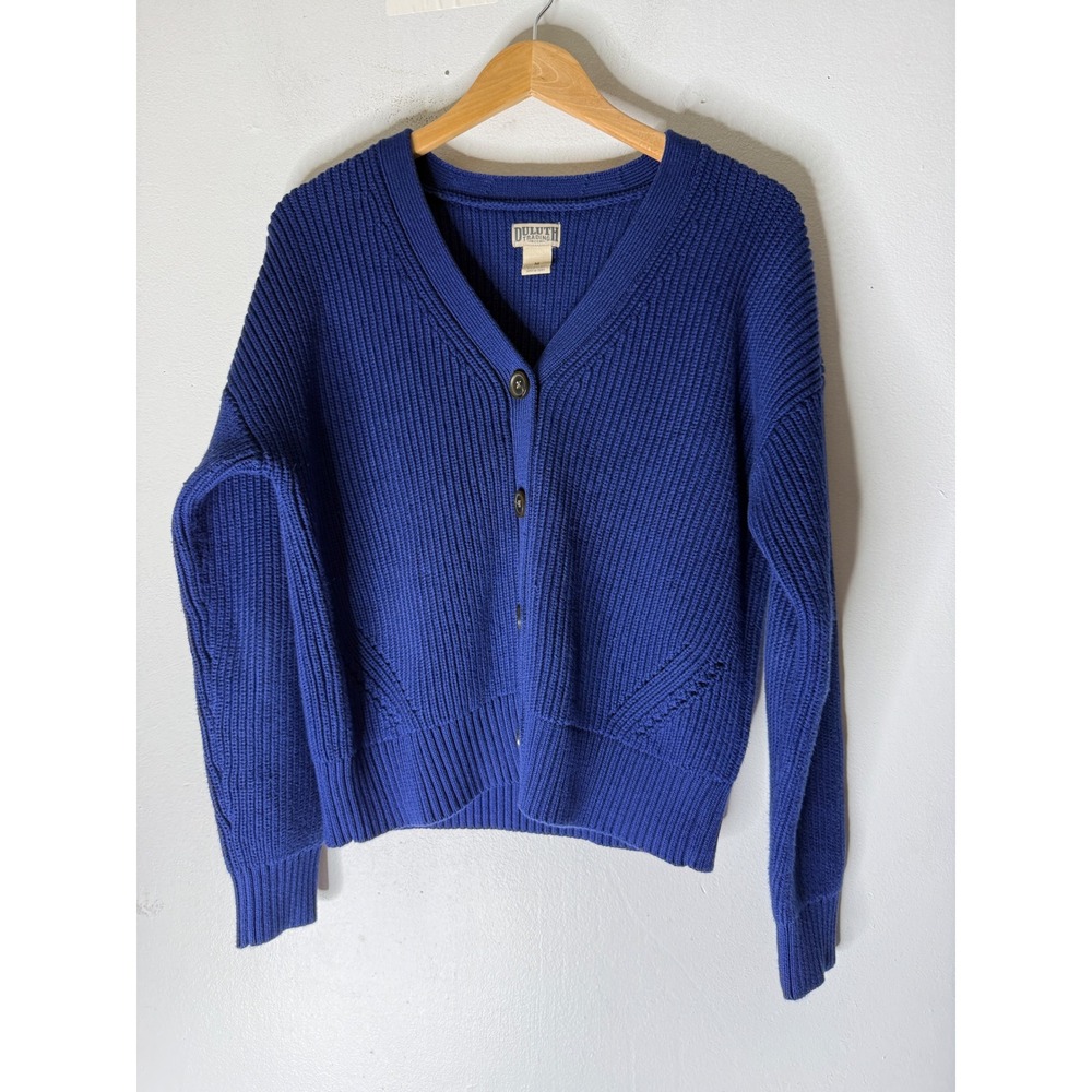 Duluth Trading Co. Women's Heritage Shaker Stitch Cardigan blue medium